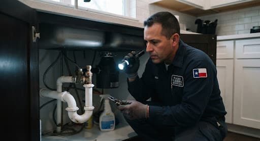 Plumber repairing pipes under a sink