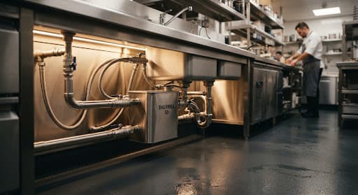 Commercial kitchen plumbing and grease trap