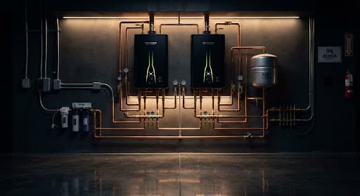 Tankless water heaters installed on a utility wall