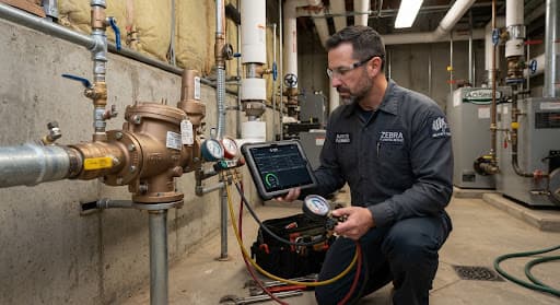 Technician testing a backflow assembly