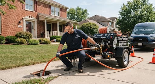 Technician hydro-jetting a sewer line