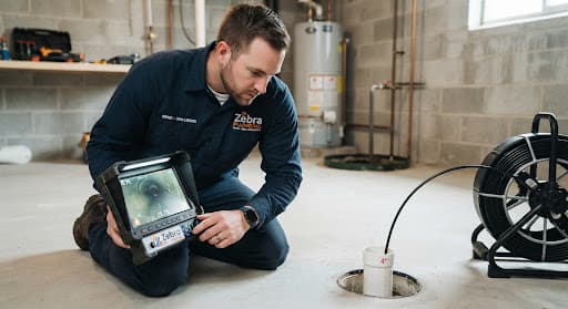 Technician with a sewer camera reel