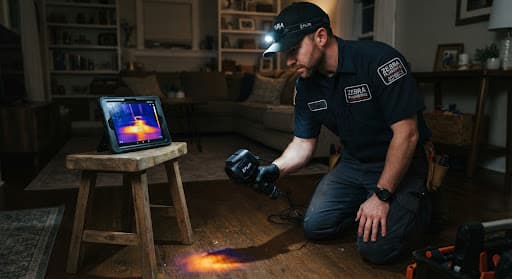 Technician using a thermal camera to find a leak