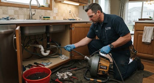 Plumber repairing pipes under a sink