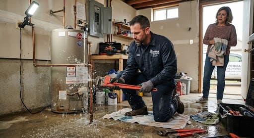 Technician repairing a leaking water heater connection
